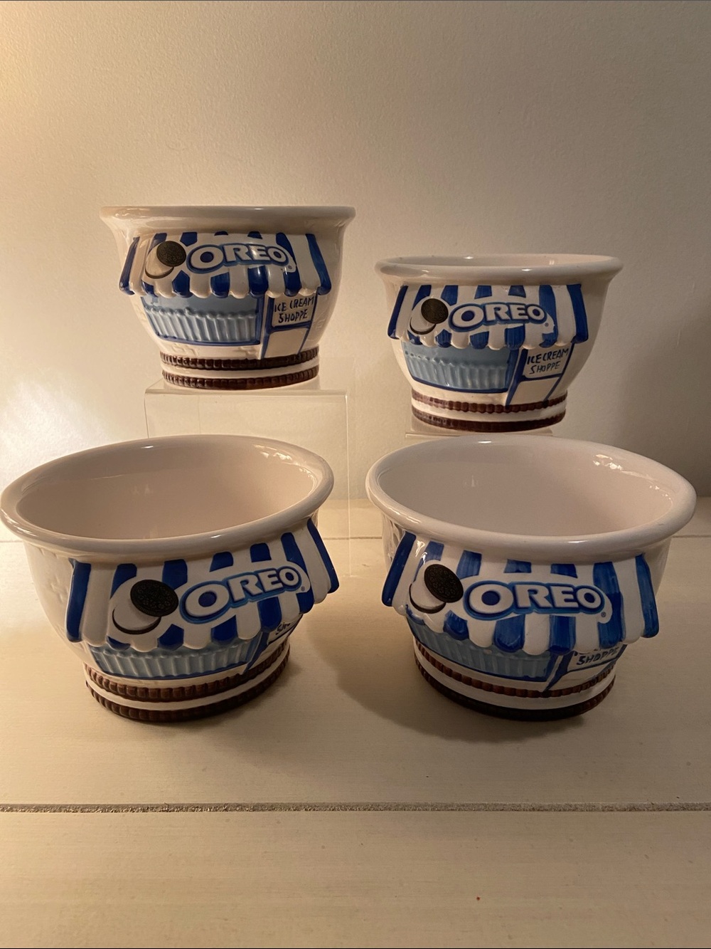 Vintage Oreo Cookie Ice Cream Shoppe Sundae Dessert Bowls Set of 4 Blue White